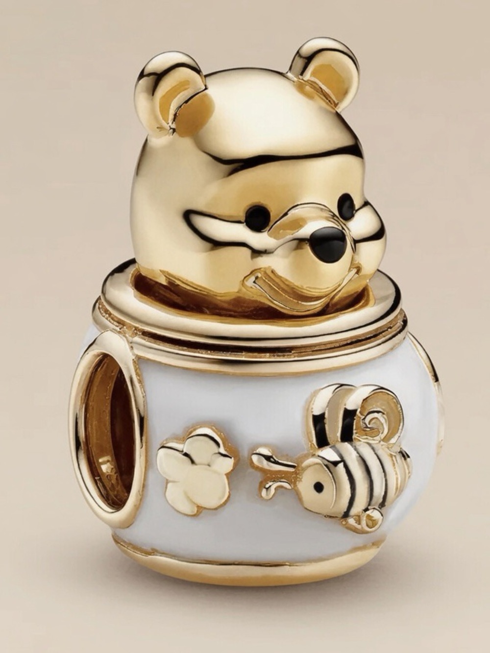Sterling Silver Gold Winnie the Pooh Honey Jar Charm - White Enamel Bee Detail